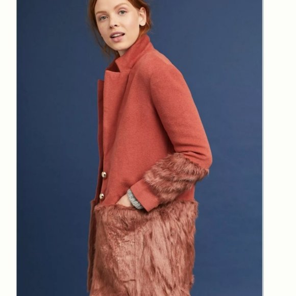 NWOT Anthropologie Faux Fur-Trimmed Tailored Coat - Picture 3 of 4